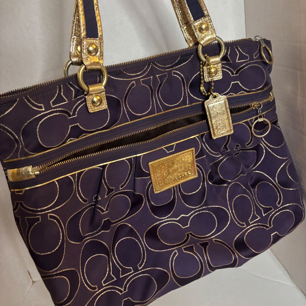 Coach Poppy Storybook Purple Gold Metallic Signature C Logo Tote Bag 15389 y2k